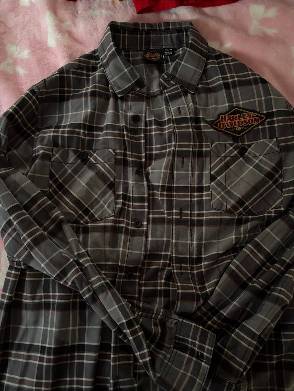 Harley-Davidson Gray and Black Plaid Button-Down Work Shirt